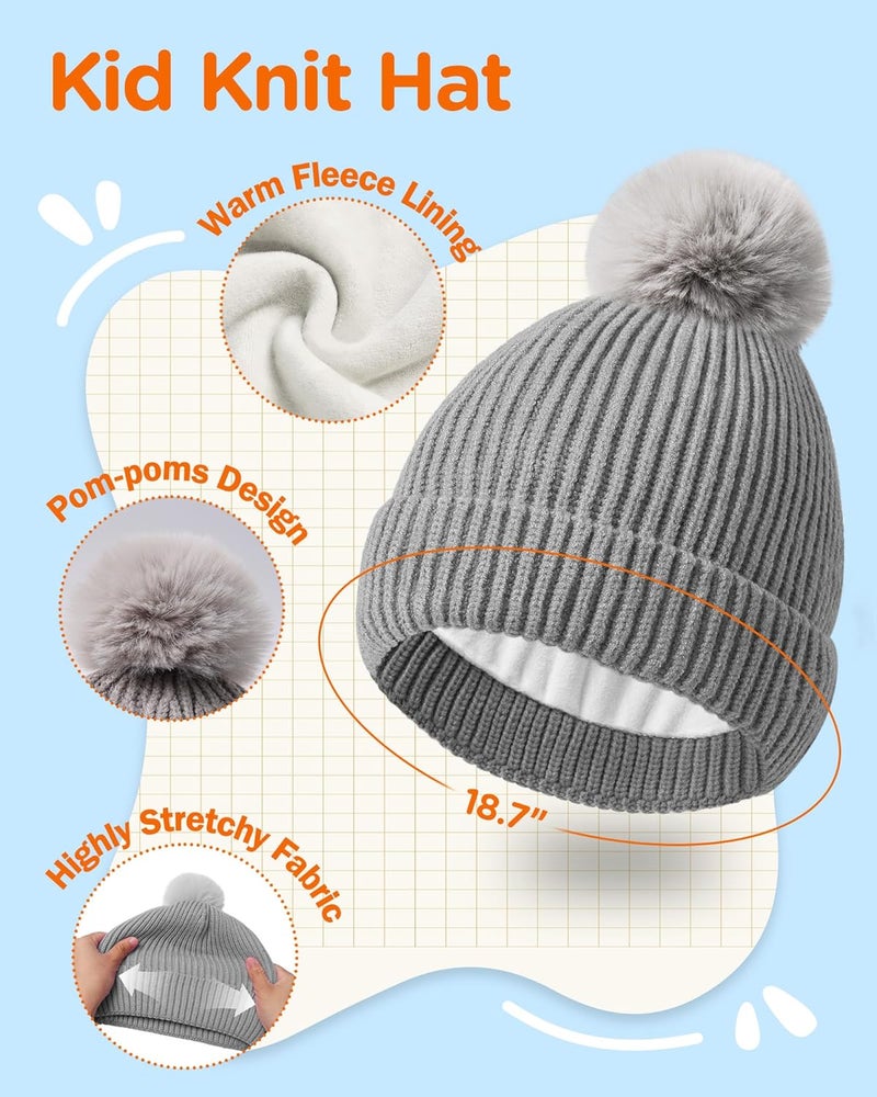 Wandx Kids Winter Hat Gloves Scarf Set Children Pompom Knit Beanie Warm Gloves with Thick Fleece for Boys Girls Ages 4-12 - Image 2
